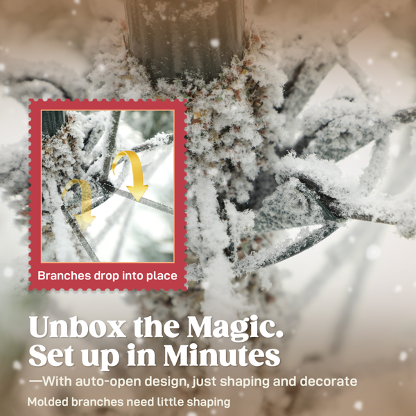 🎄9ft Realistic Flocked Artificial Spruce Christmas Tree with Easy Auto-Open Assembly Equipped with a Metal Base🎄