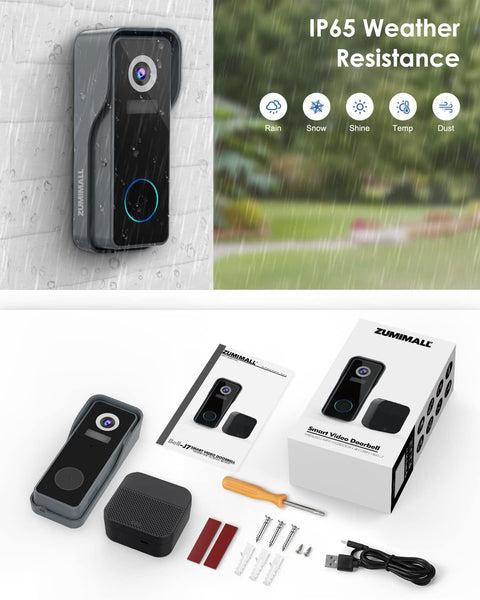ZUMIMALL 2K FHD Wireless WiFi Video Doorbell Camera with Chime (J7)